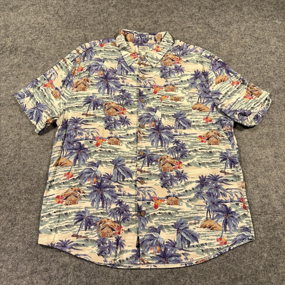 Faherty Shirt Mens 2XL Multicolor Hawaiian Palm Camp‎ Short Sleeve Button Up